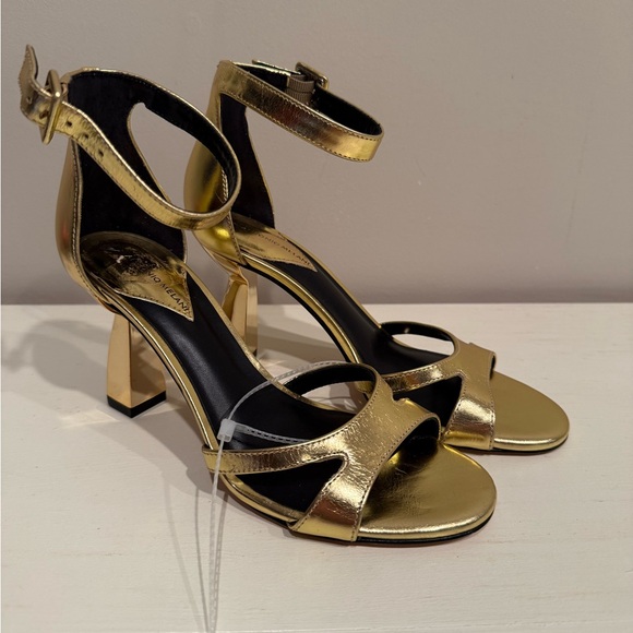 Antonio Melani Calla Leather Double Banded Dress Sandals in Cracked Foil Gold - Picture 2 of 15